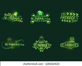 Happy St. Patrick's Day calligraphy set with festival elements on black background.