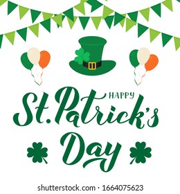 Happy St. Patricks day calligraphy hand lettering with Leprechaun’s hat and clover isolated on white background. Saint Patrick’s day greeting card. Vector template for banner, poster, flyer, postcard.