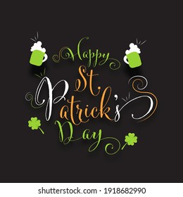 Happy St. Patrick's Day Calligraphy With Beer Mugs And Clover Leaves On Grey Background.