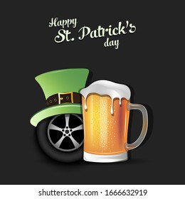 Happy St. Patricks day. Car wheel with St. Patrick hat and mug of beer. Pattern for banner, poster, greeting card, party invitation. Vector illustration