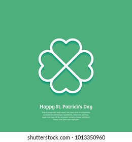 Happy St. Patricks day card with outline Shamrock Icon. Line four leaf clover pictogram. Minimal abstract background. Vector illustration. Eps10.