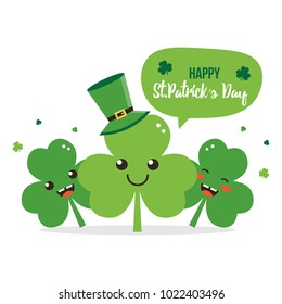 Happy St. Patrick's Day card, illustration with cute clover, shamrock cartoon characters having fun, smiling.
