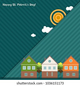 Happy St. Patrick's Day Card With Greem, White, Orange Houses, Sun, Clouds And Blue Stripes Background