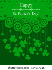 Happy St. Patrick's Day card.  St. Patrick's day background in green colors with clover and place for your text. Vector illustration.