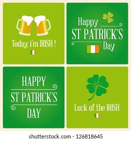 Happy St Patricks day card with beer, lucky clover, irish flag, ornaments, and typography  font type