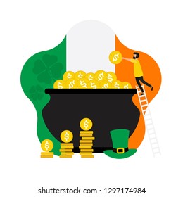 Happy St. Patrick's Day. Card with pot of gold, ireland flag and man with coin. Flat vector illustration for web design.