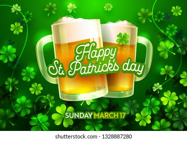 Happy St Patricks Day Card with Beer Lucky Clover Ornament and Calligraphy Font Type. Traditional St. Patric Day Card for Pub Bar Menu or T-Shirt Print Banner. Flat Cartoon Vector Illustration