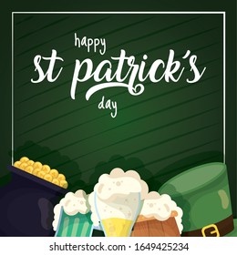 happy st patricks day card with beers drinks vector illustration design