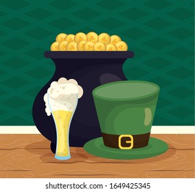 happy st patricks day card with treasure cauldron vector illustration design