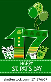 Happy St. Patrick's Day card. Celebration green background with number seventeen, balloon, gift box and place for your text.  Vector Illustration