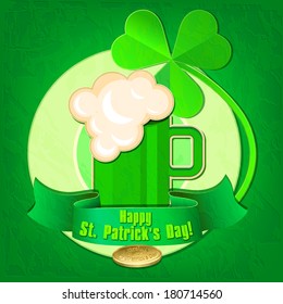 Happy St. Patrick's Day. Card with a mug of beer, clover and golden coin