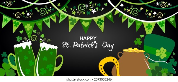 Happy St. Patrick's day Card. Celebration  background with Beer mugs, shamrock, bunting garland and place for your text.  Horizontal Banner. Web banner design background for header Templates. Vector