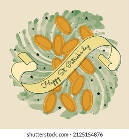 Happy St Patricks day card Golden coins and ribbon with text Vector