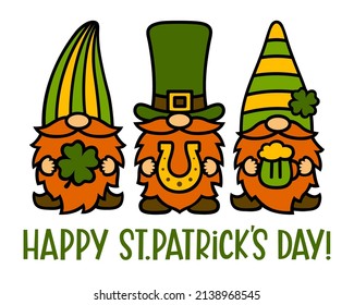 Happy st. Patrick's Day card. Gnomes with clover, horseshoe and beer. Cute cartoon characters. For gift and sublimation. Vector illustration isolated on white.