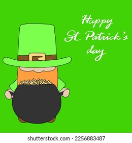 Happy st. Patrick's Day card. Leprechaun with cauldron and coins. Vector illustration. 