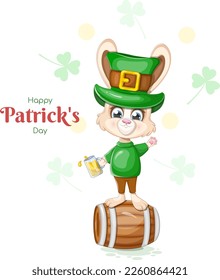 Happy St. Patrick's Day card with bunny, beer mug and barrel