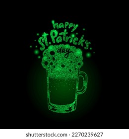Happy St Patricks Day card. Shiny glass of beer with foam. Green Irish beer. Magic Leprechaun Beer. Green glittering liquid on black background.