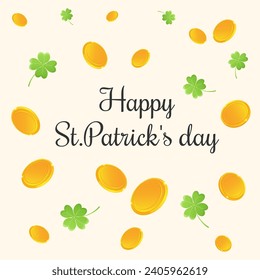 Happy St. Patrick's day card, banner, poster with flying gold coins and clover