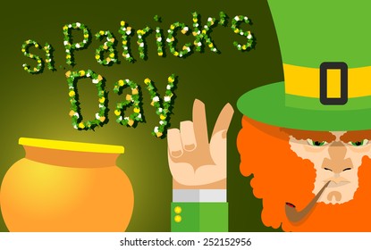 Happy St Patricks day card with pot. leprechaun with a beard