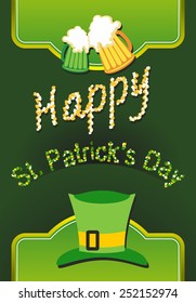 Happy St Patricks day card with beer, lucky clover, 