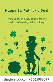 Happy St. Patrick's Day card with shamrocks and cheerful blessings