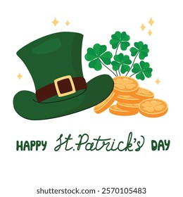 Happy St. Patrick's Day card with leprechaun hat, pile of coins and bush of four-leaf clover. Cartoon poster with symbols of good luck isolated on white background. Vector designs in flat color style.