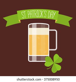 Happy St Patricks day card with beer, lucky clover and ribbon. Vector illustration.