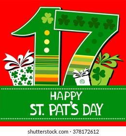 Happy St. Patrick's Day card. Celebration  background with number seventeen, gift box and place for your text. Vector Illustration