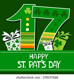 Happy St. Patrick's Day card. Celebration  background with number seventeen, gift box and place for your text. Vector Illustration