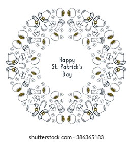 Happy St Patrick's day card. Round border, circle frame isolated on white background. Ireland symbol pattern. Irish holiday. Template for beer mat, drink coaster, napkin print.