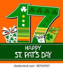 Happy St. Patrick's Day card. Celebration orange background with number seventeen, gift box and place for your text. Vector Illustration