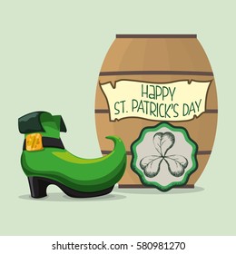 happy st patricks day card boot barrel and shamrock vector illustration eps 10