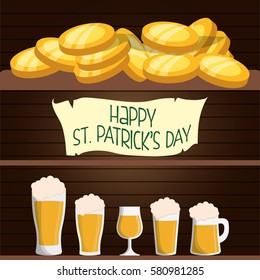 happy st patricks day card beers and coins wooden background vector illustration eps 10