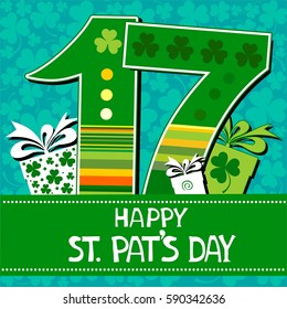 Happy St. Patrick's Day card. Celebration background with number seventeen, gift box and place for your text. Vector Illustration