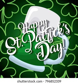 happy st patricks day card beer glass and clover