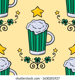 Happy St. Patrick's Day. Cartoon Seamless pattern with beer.. Funny holiday background