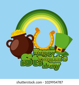 happy st patricks day cauldron gold coins horseshoe and hat