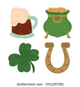 happy st patricks day cauldron with coins horseshoe clover and beer icon flat vector vector illustration