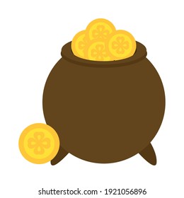 happy st patricks day cauldron with coins icon flat style vector illustration