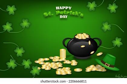 Happy St. Patrick's Day with cauldron , coins ,clovers and hat to event of vector illustration.
