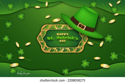 Happy St. Patrick's Day with cauldron , coins ,clovers and hat to event of vector illustration.