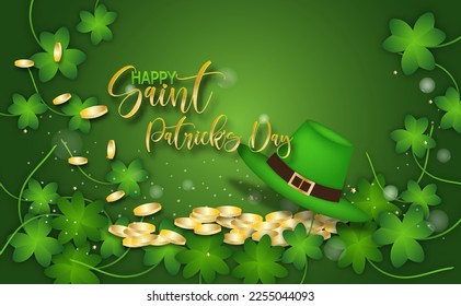 Happy St. Patrick's Day with cauldron , coins ,clovers and hat to event of vector illustration.