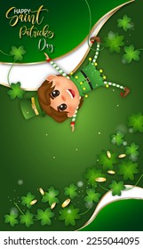 Feliz Día de San Patricio con caldero , monedas, tréboles y sombrero para el evento de ilustración vectorial.