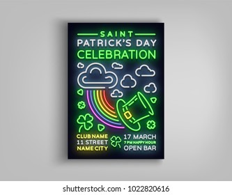 Happy St. Patrick's Day celebration invitation card design. Poster in the style neon, neon sign, neon bright for a party festival. Brochure, flyer for your projects. Vector illustration