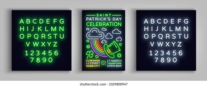 Happy St. Patrick's Day celebration invitation card design. Poster in the style neon, neon sign, neon bright for a party festival. Brochure, flyer. Vector illustration. Editing text neon sign