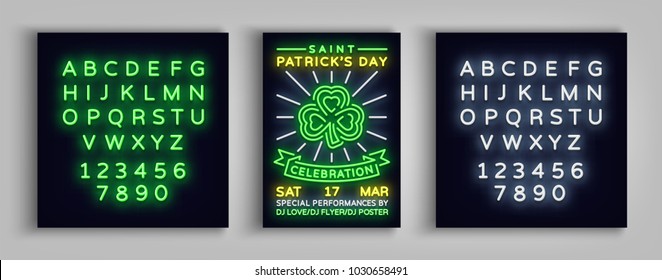 Happy St. Patrick's Day celebration invitation card design. Poster in the style neon, neon sign, neon bright for a party festival. Brochure, flyer. Vector illustration. Editing text neon sign