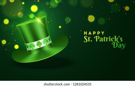 Happy St. Patrick's Day celebration banner design with glossy leprechaun hat on green bokeh background.