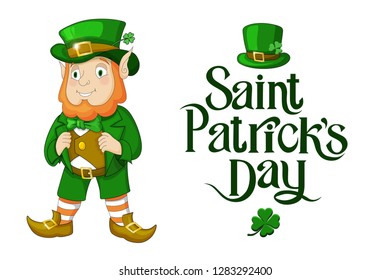 Happy St. Patricks Day celebration banner or poster elements illustration of leprechaun and lettering isolated on white background.