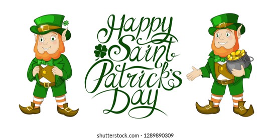 Happy St Patricks Day celebration card template. Hand written brush lettering. Cartoon illustration of leprechaun smiling in greeting. Postcard or decor elements isolated on white.