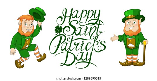 Happy St Patricks Day celebration card template. Hand written brush lettering. Cartoon illustration of leprechaun smiling in greeting. Postcard or decor elements isolated on white.